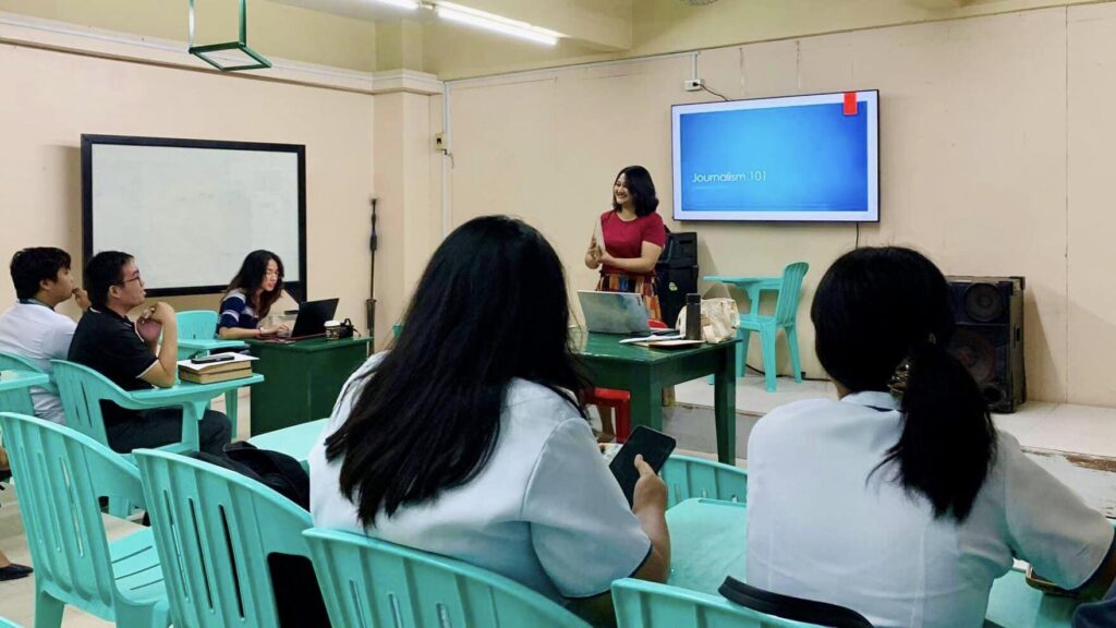 Janina and Joyce Ann teaching basic journalism subjects in Lanao del Norte.